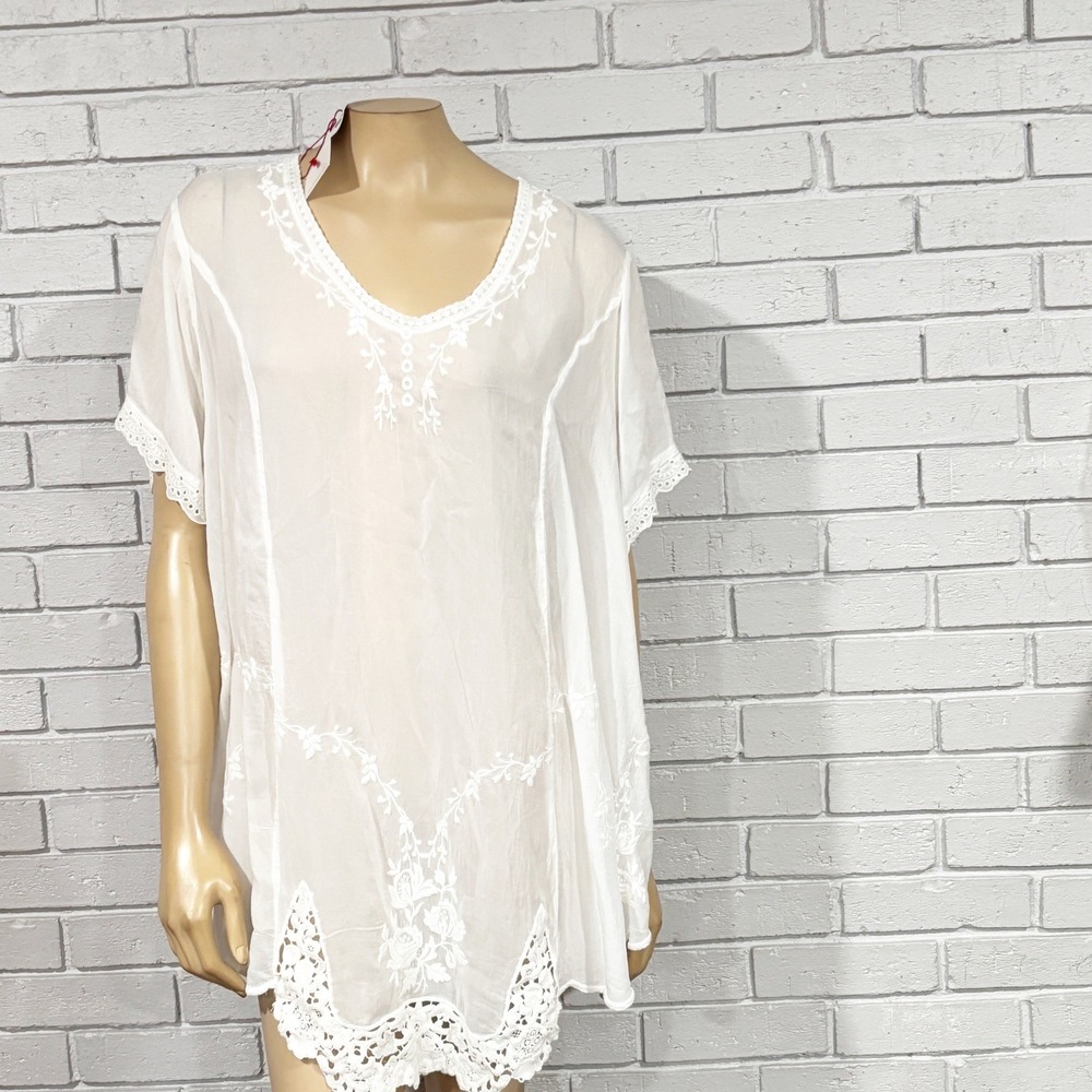 Johnny Was White Silk Embroidered Crochet Lace Tunic Top Plus Size 1X Boho